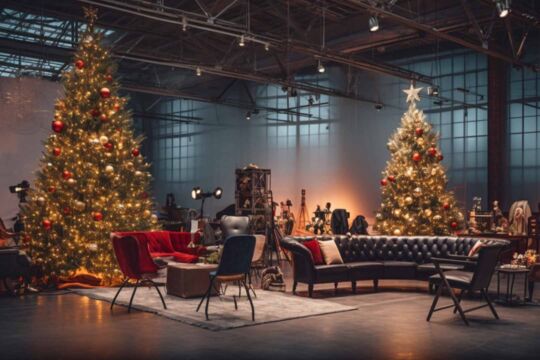 Halle mit Sitzmöglichkeiten und zwei Weihnachtsbäumen auf einem Firmenevent