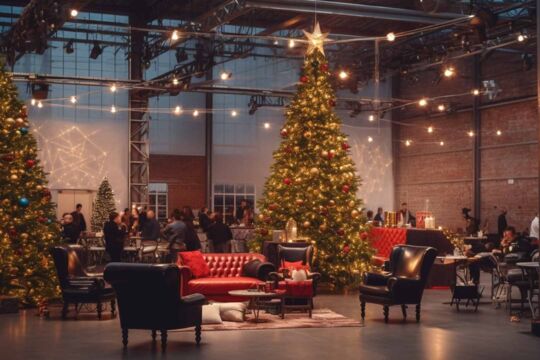 Menschen die sich durch eine weihnachtlich dekorierte Halle bewegen